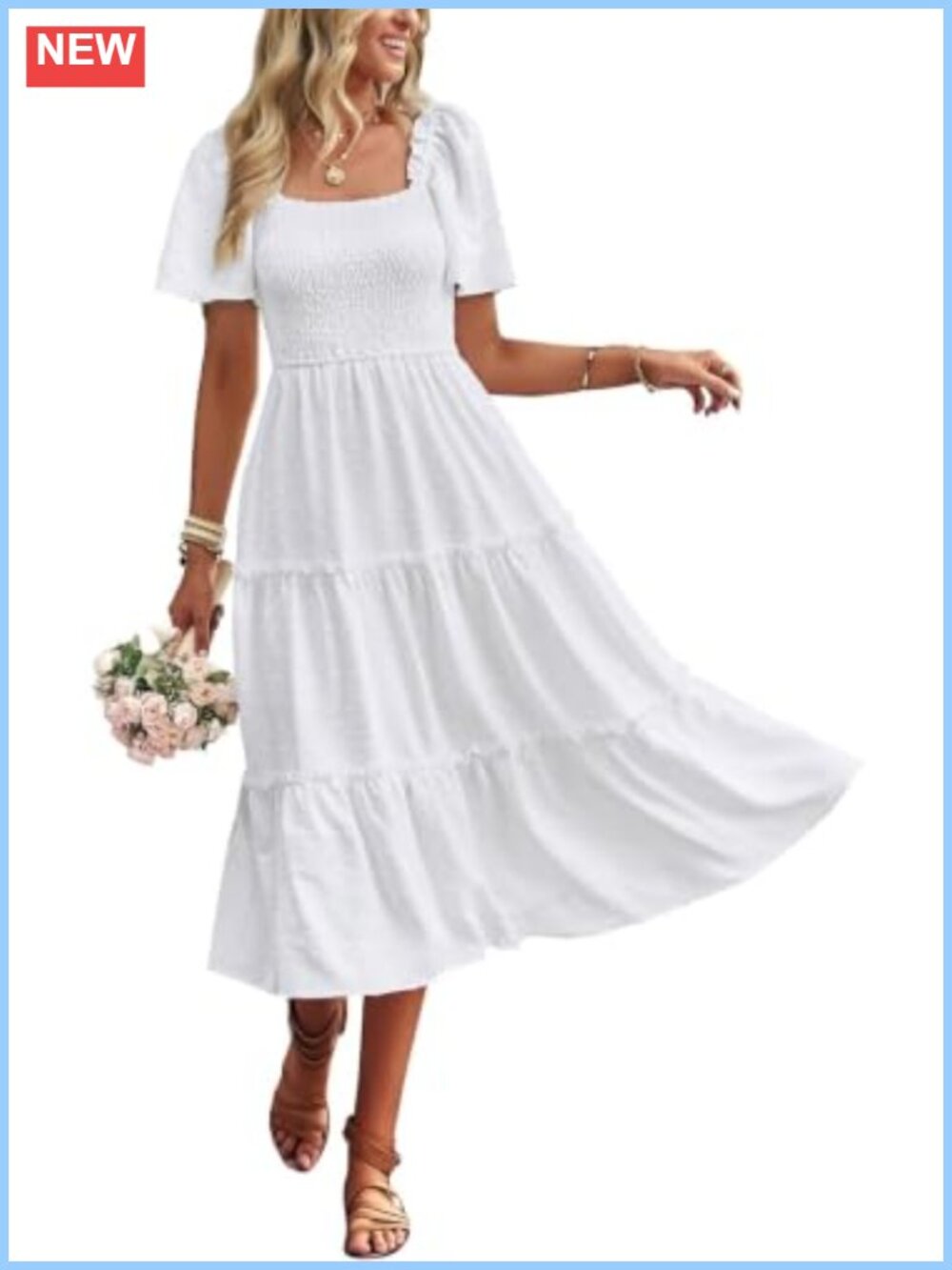 Boho Flowy Tiered Midi Dress Short Sleeve Square Neck Smocked Casual